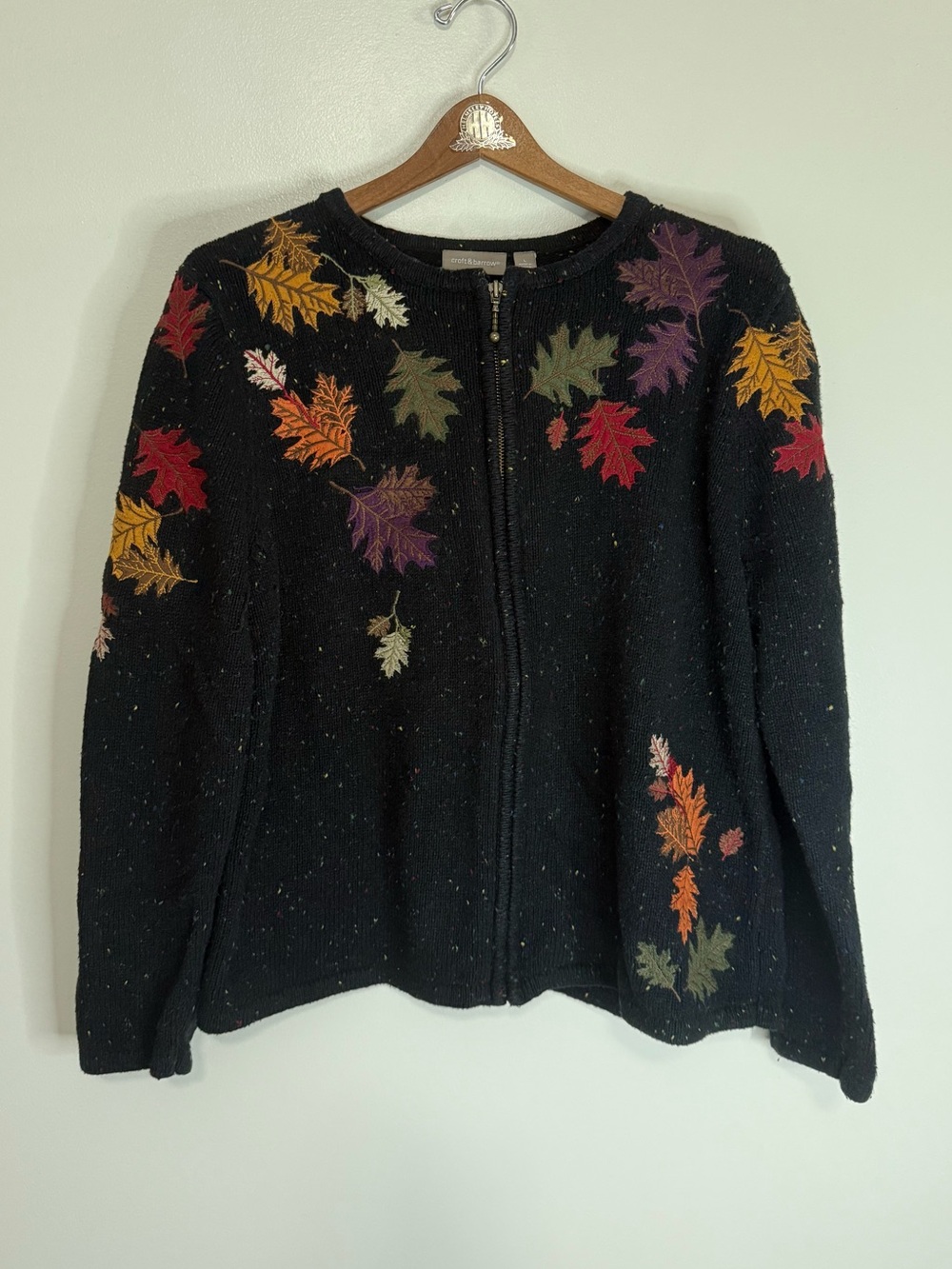 croft & barrow Black Zip-Front Sweater Multicolor Embroidered Leaves size large